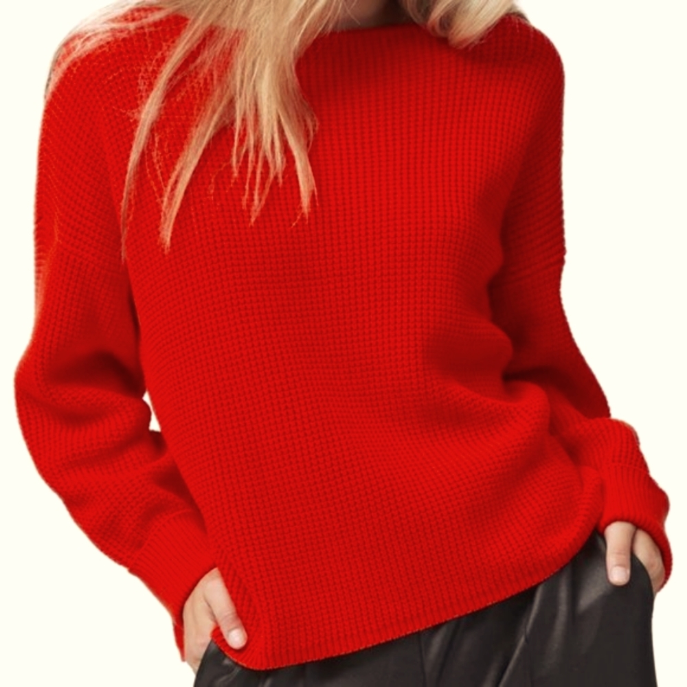 FRENCH  CONECTION  WAFFLE KNIT MILLIE MOZART RED ROUND NECK SWEATER SZ.L…